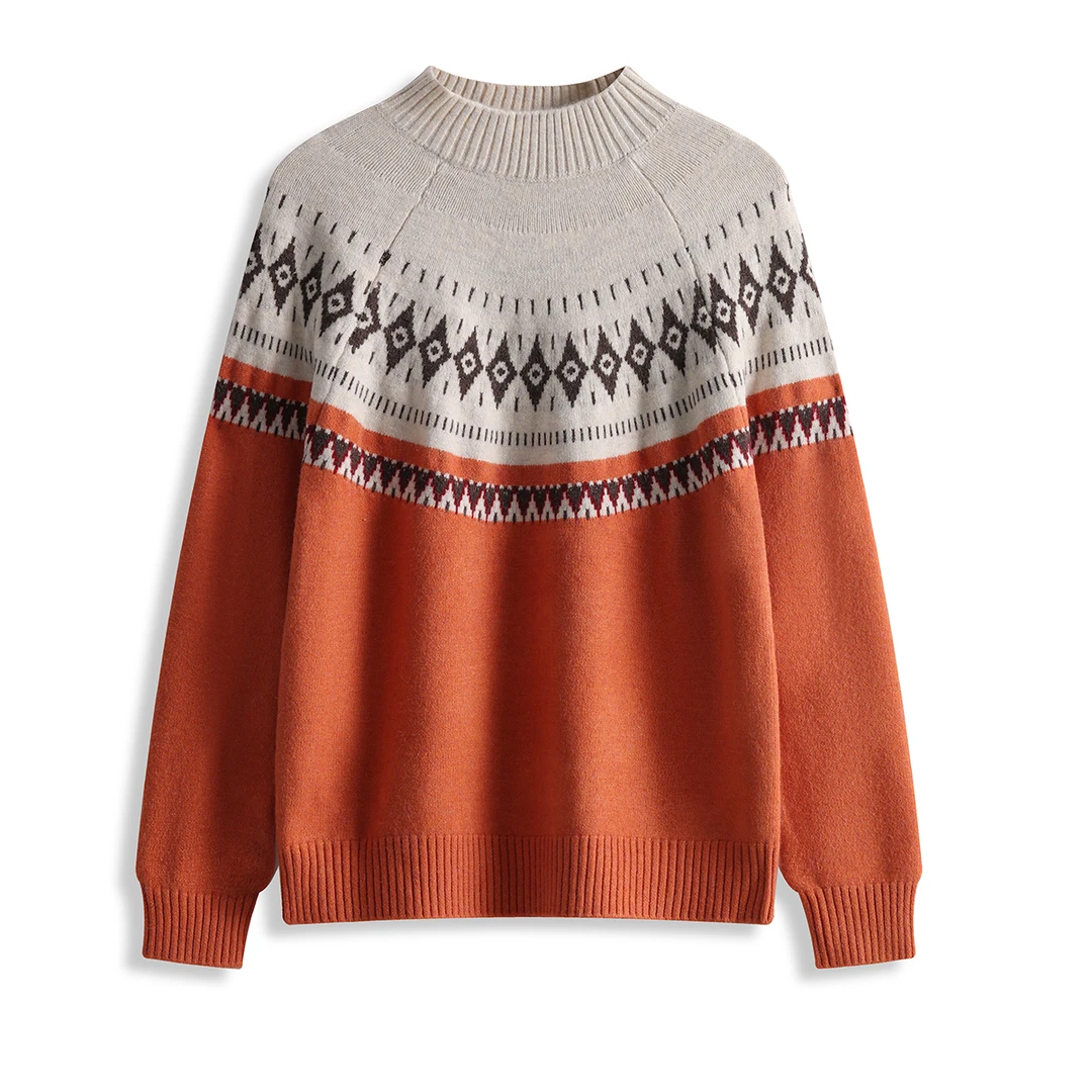 68503  休闲百搭！ 女式秋冬时尚复古提花拼色套头毛针织衫