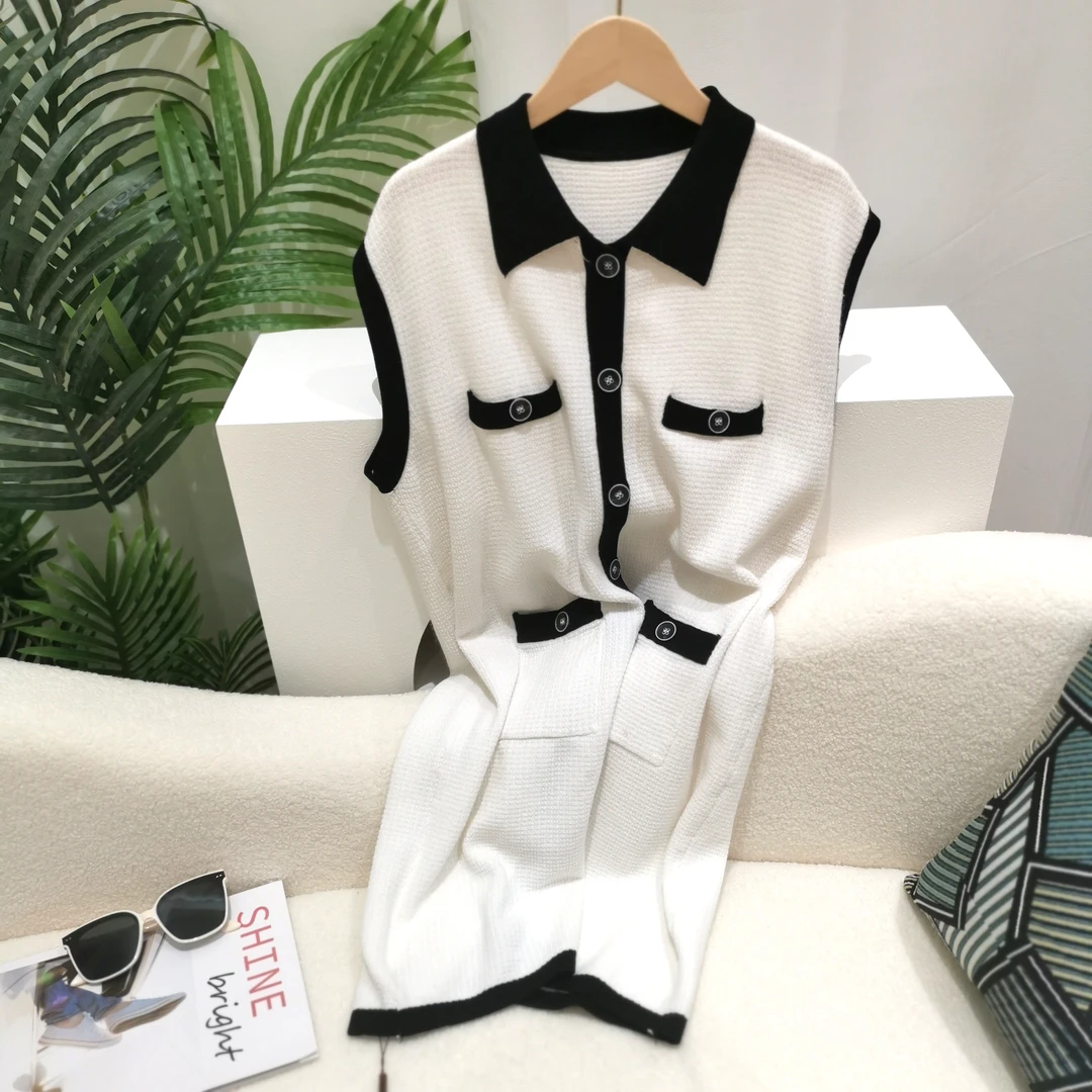 59122  桑蚕丝针织开衫马甲！ 女式小香风黑白撞色开衫针织衫