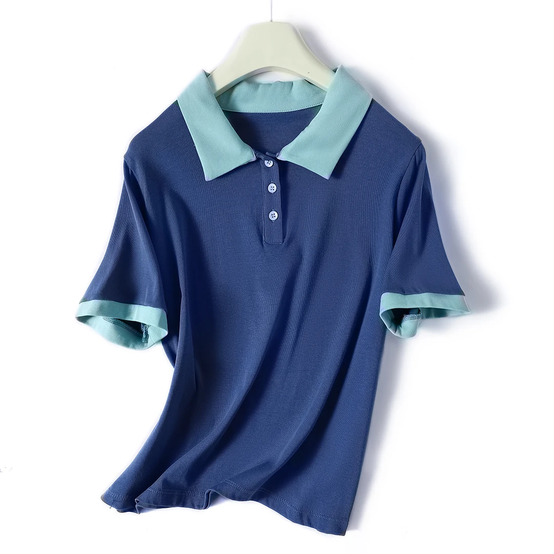 6937 棉！女士夏季polo衫翻领短款上衣爆款洋气减龄体恤