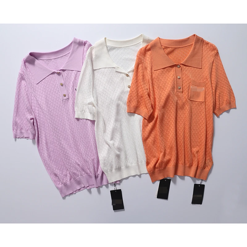 27422  柜货 夏日穿搭！休闲时尚女式夏季纯色镂空短袖针织衫