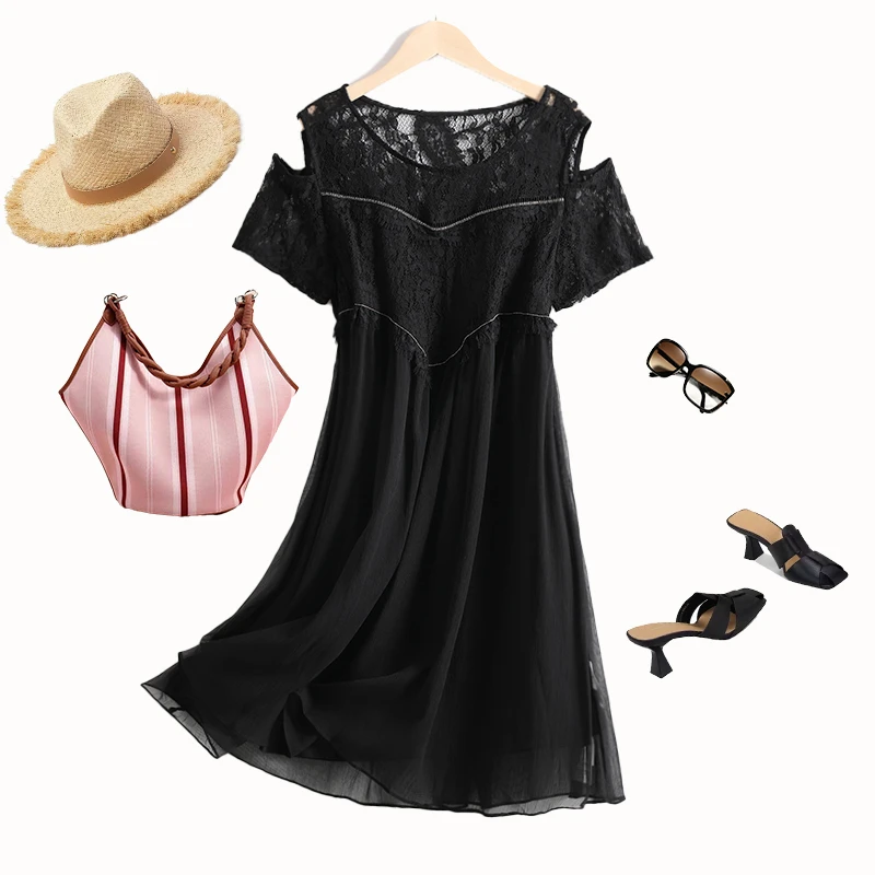 20161  柜货！重工水钻！女式休闲时尚显瘦夏日蕾丝雪纺套裙连衣裙