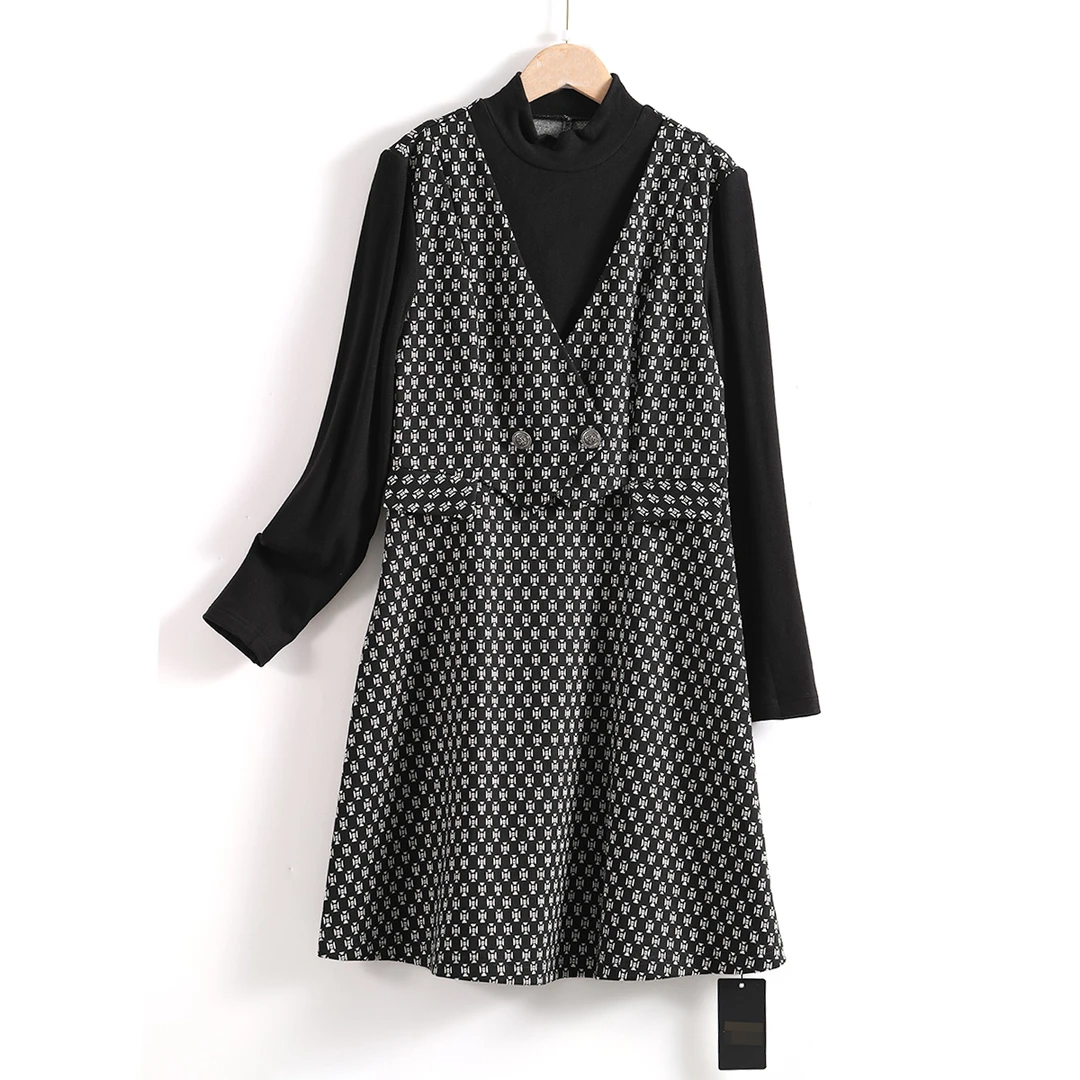 R-7178  显高显瘦！ 女式秋冬气质半高领拼接假两件连衣裙