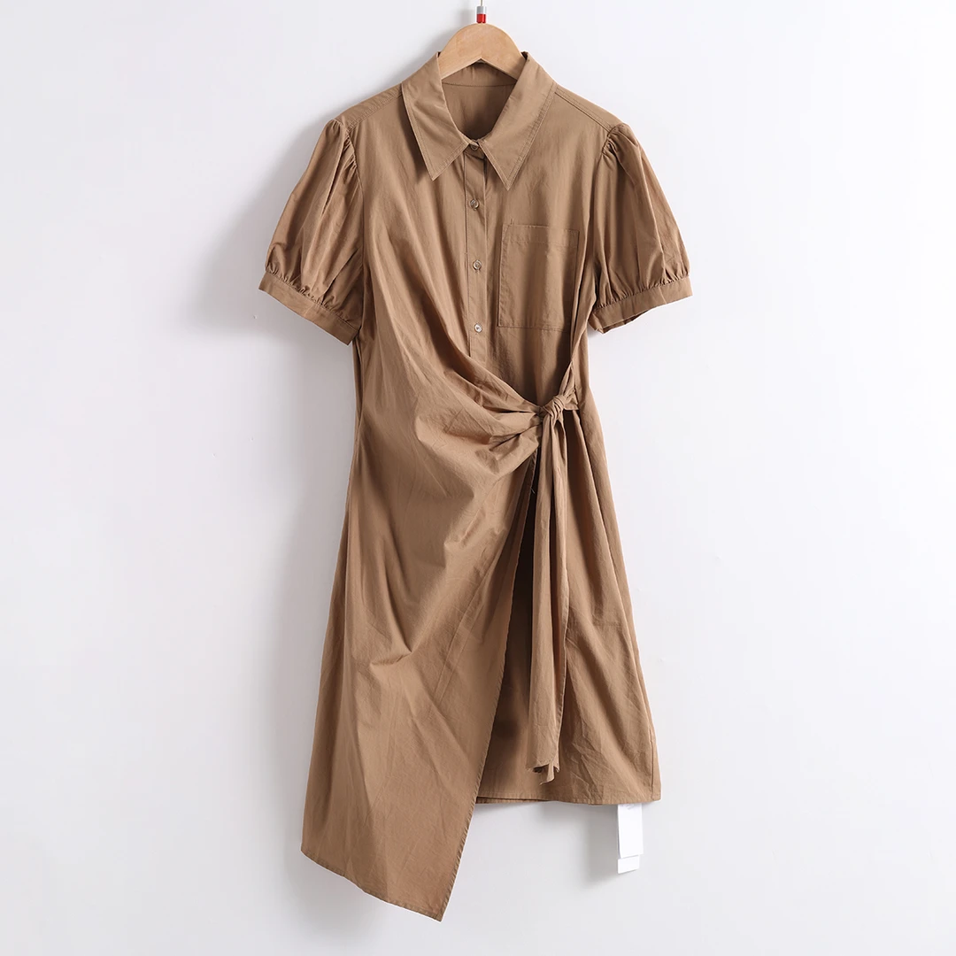 21230 柜货！棉！女式夏季新款气质翻领纯色系带显瘦连衣裙