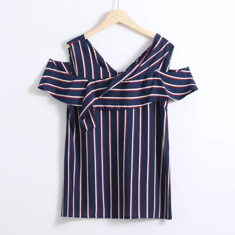 R-1433 轻薄凉爽不闷热！ 女式夏季条纹露肩短袖雪纺衫