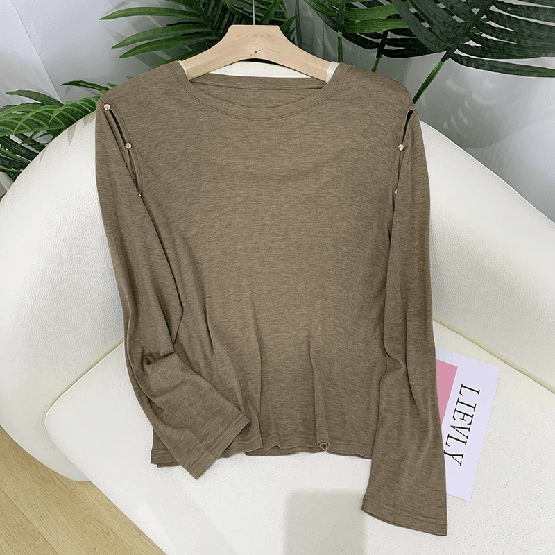 01027 软糯亲肤！女士春秋桑蚕丝休闲圆领长袖可打底可外穿T恤