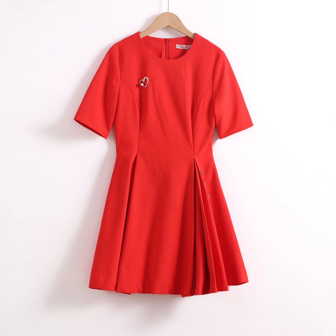 C-3135  气质红~ 女式春夏礼服设计款短袖连衣裙