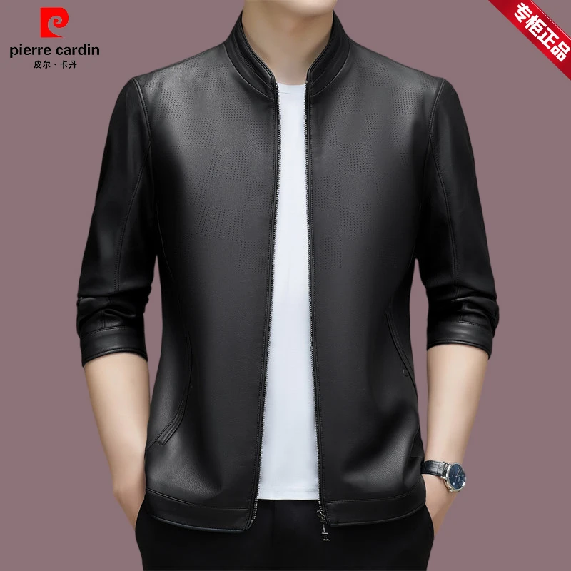 皮尔卡丹【品牌男装】高档男士皮夹克秋冬季新款中青年棒球领皮衣男