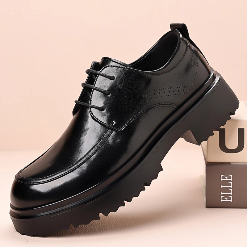 22929男士皮鞋男牛皮商务正装黑色秋季大头厚底增高英伦上班男鞋