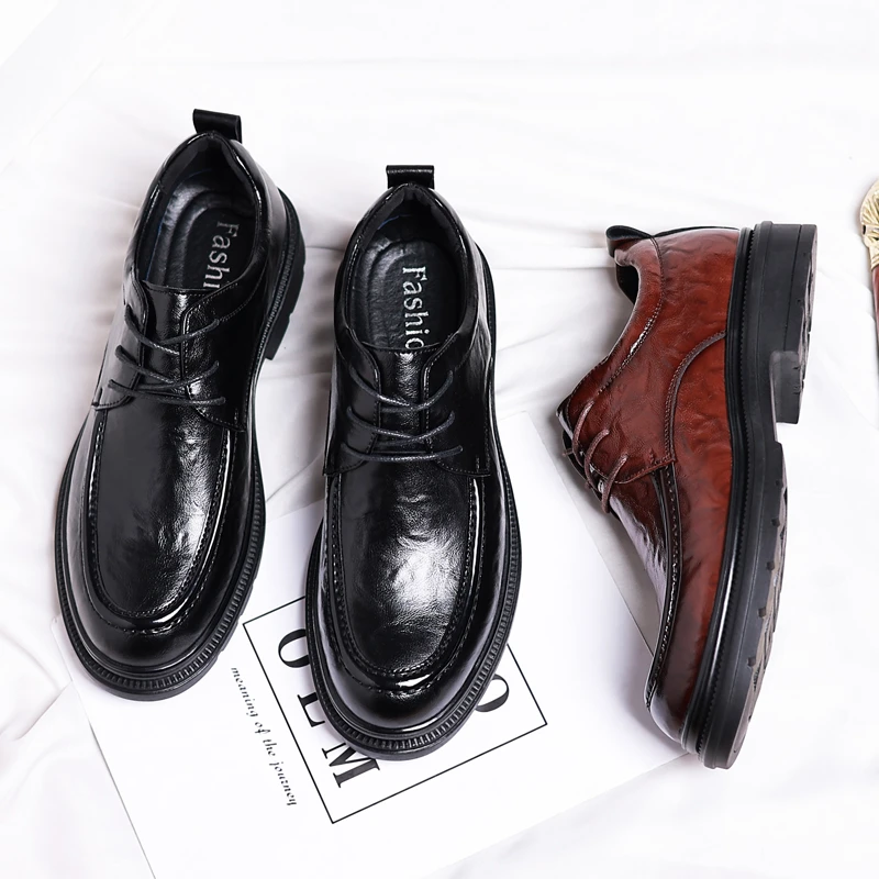2211男士新款皮鞋男牛皮正装英伦休闲商务黑色百搭厚底增高男鞋子