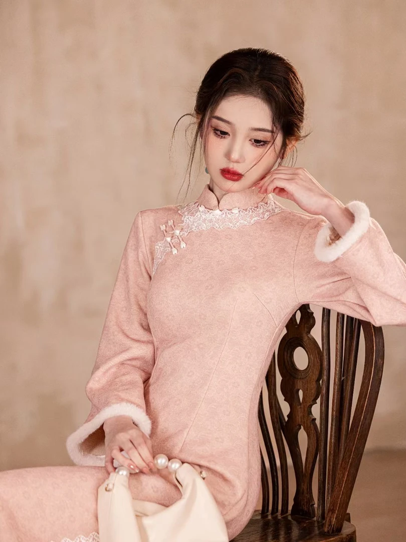 艺（粉黛）曼丽绒加厚年轻款中国风气质高雅修身显瘦改良旗袍