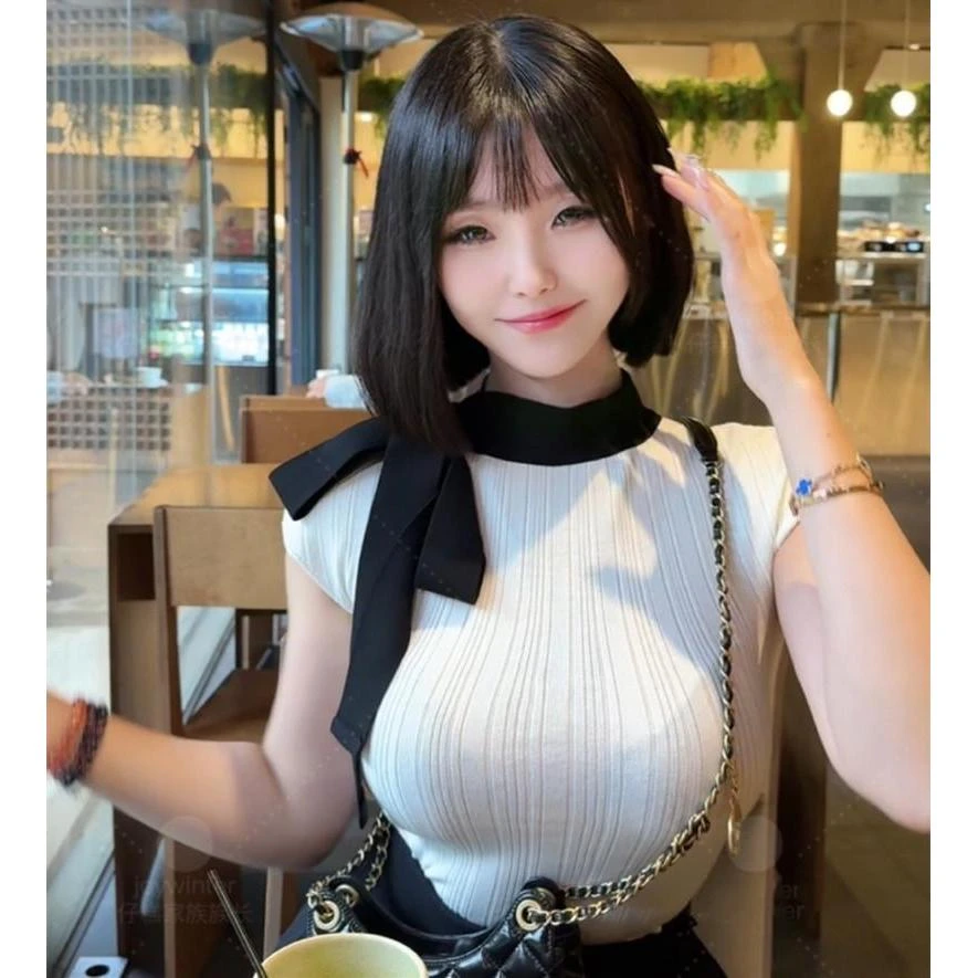 韩版气质女装2024夏季新款撞色蝴蝶结绑带针织衫修身无袖百搭上衣