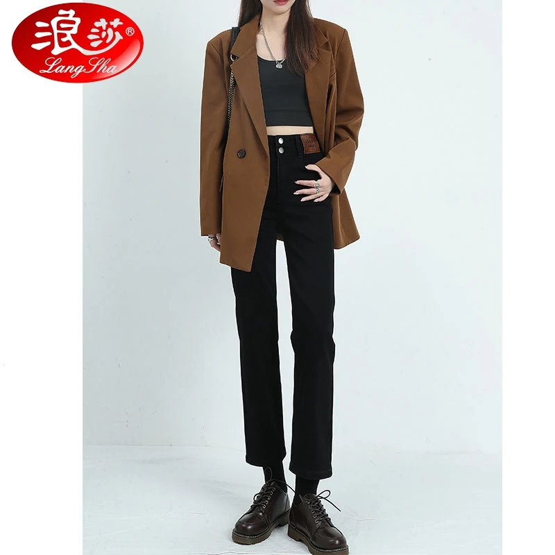 浪莎春季九分牛仔裤女黑色高腰显高显瘦2024春季小个子直筒烟管裤