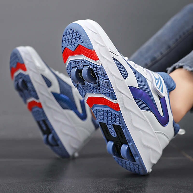 品牌断码网面男童春季款男孩滑轮鞋网红溜冰鞋四轮儿童运动鞋透气