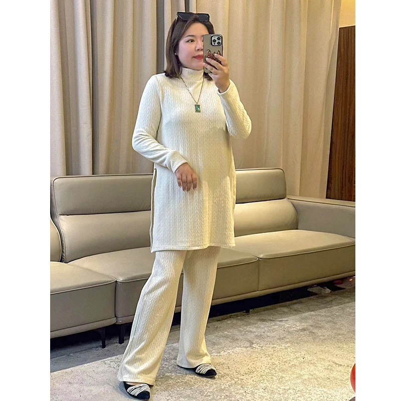 【2025新款】针织保暖加绒加厚中长款纸片人套装胖MM200斤大码22107