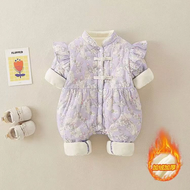 C【优选】冬款加棉加厚宝宝连衣碎花兔连体衣公主外出冬季棉服LY