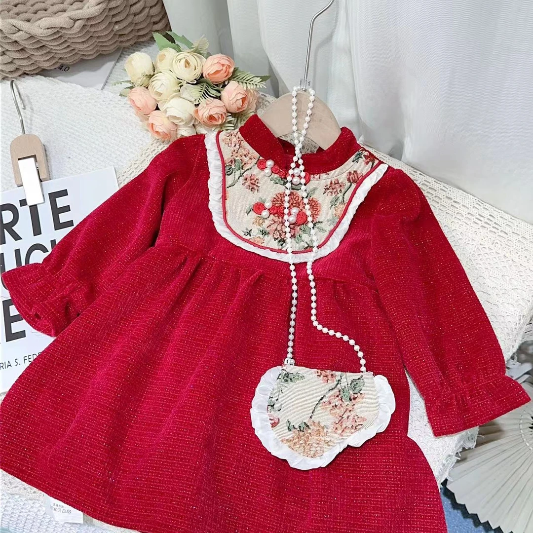 【新疆包邮】独角兽年款中式盘扣加绒连衣裙带包包G759