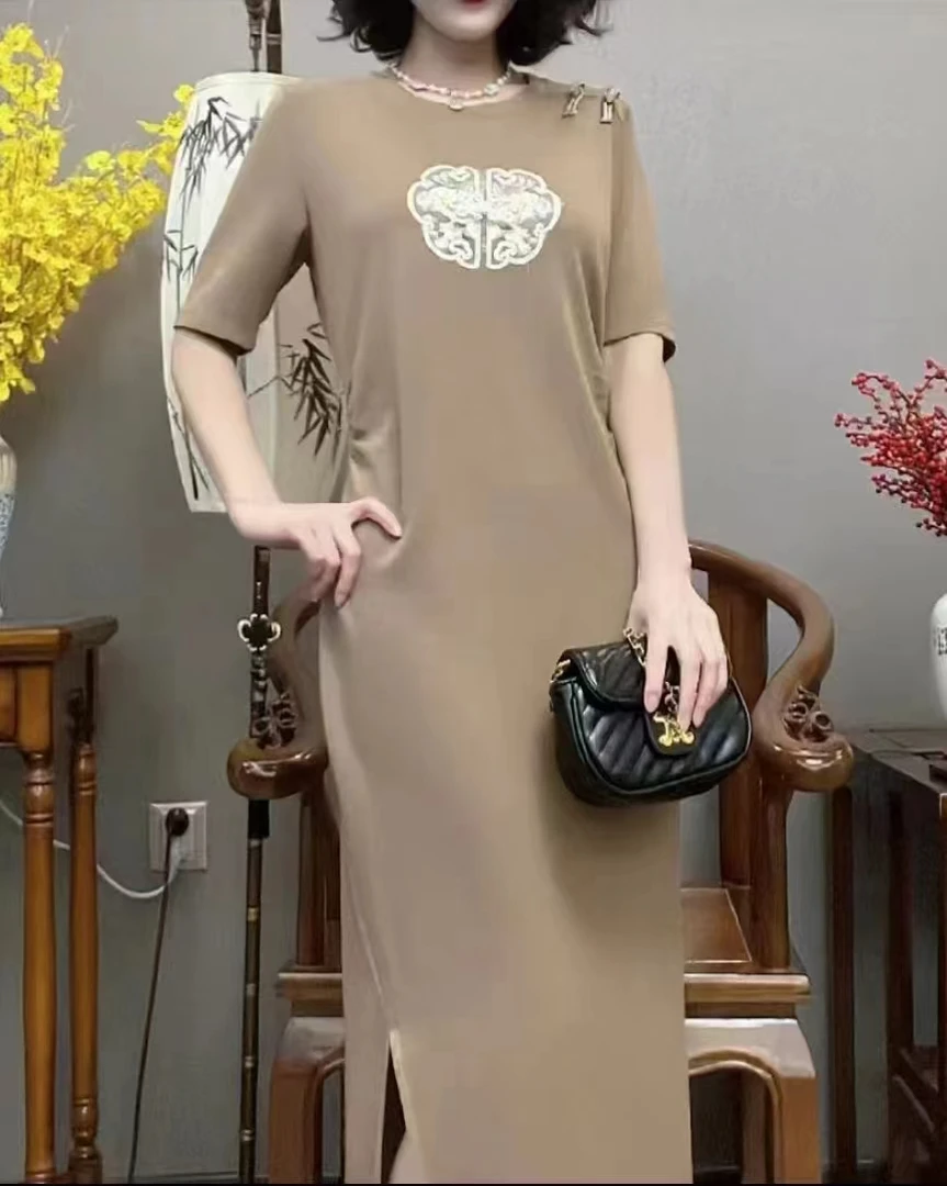 新款流行时尚新中式古风百搭修休闲身显瘦宽松连衣裙开叉连衣裙