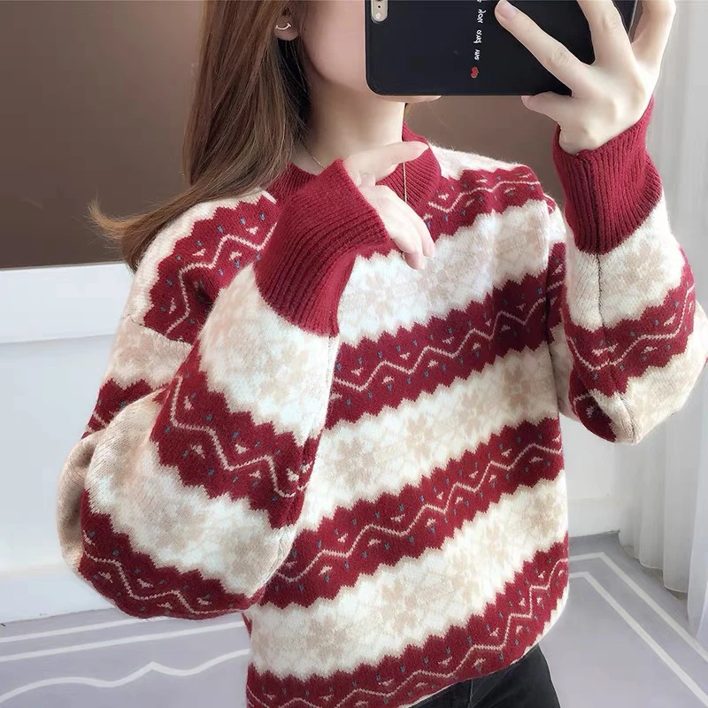 雪花加厚圆领女装毛衣长袖百搭纯色宽松外穿针织衫时尚冬季打底衫