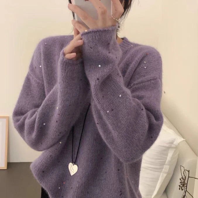 彩色亮片圆领韩版减龄纯色百搭显瘦针织衫女时尚毛衣外穿