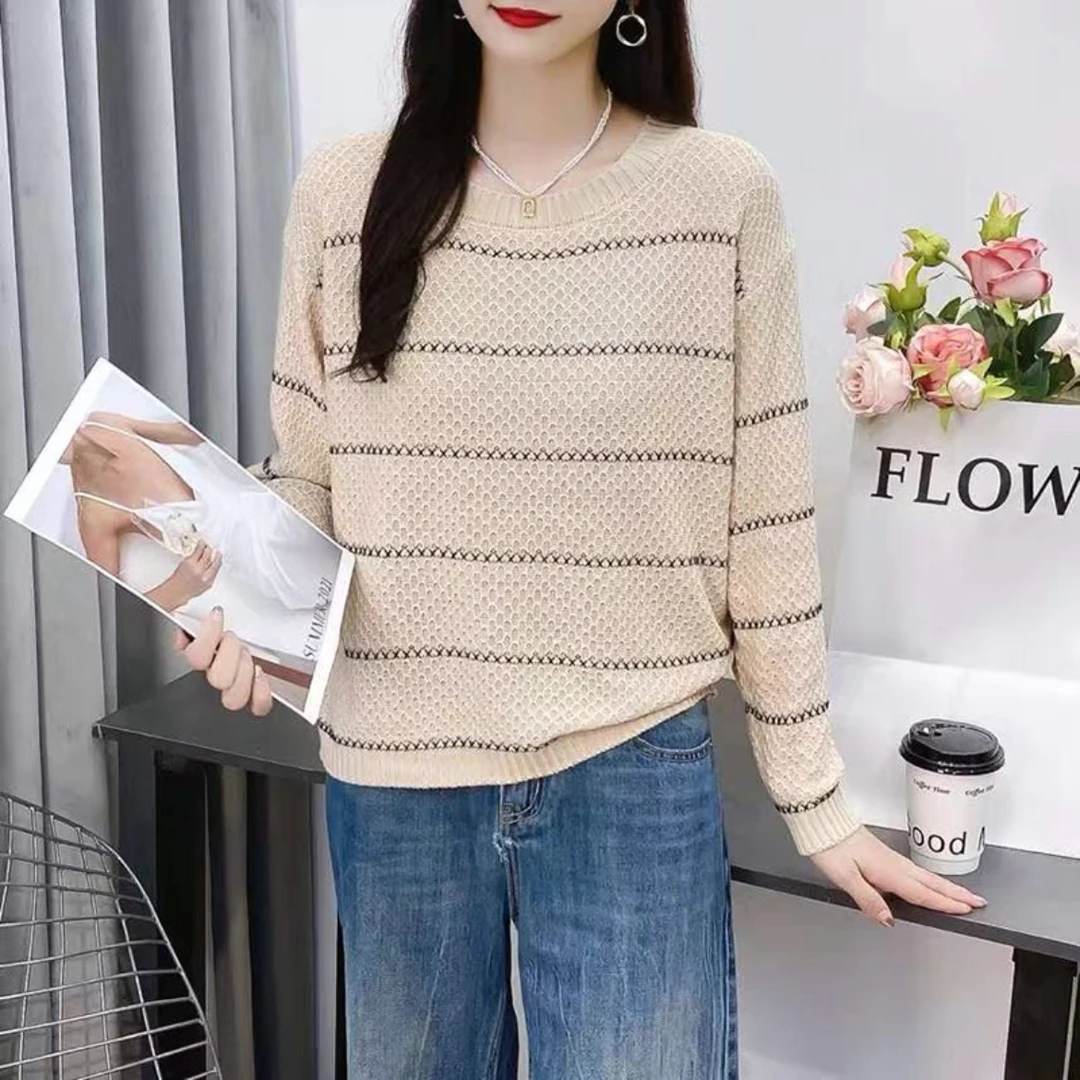 高档条纹圆领长袖针织衫女2024春装新款时尚洋气宽松显瘦百搭上衣