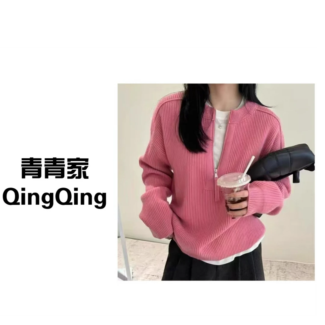青青家   冬季新款休闲百搭韩版半拉链显瘦软糯羊毛针织衫-3101