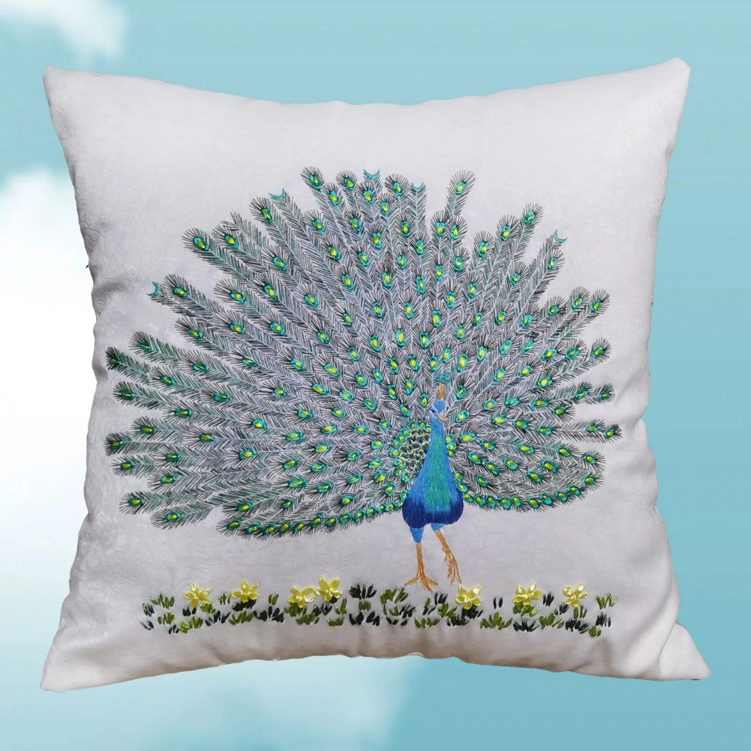 丝带绣（单个材料包）奶白包邮已缝合印图手工自绣靠垫枕《吉祥》