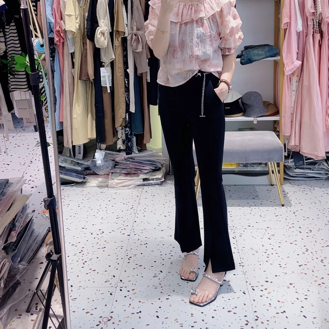 2024夏季时尚显瘦洋气喇叭裤气质韩版裤子微喇高腰开叉百搭休闲裤