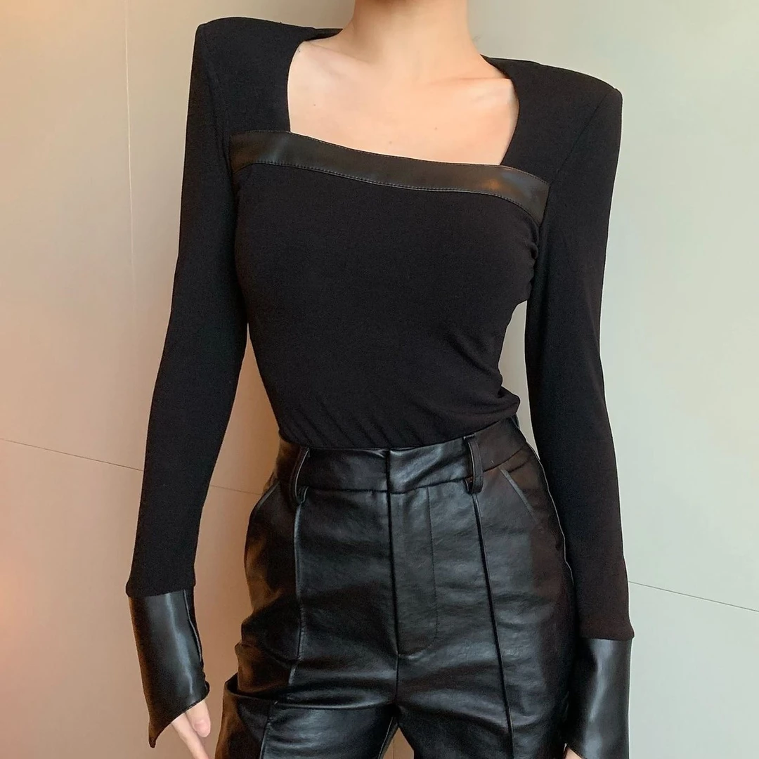 欧货2025早春新款时髦气质方领拼接设计显瘦长袖T恤上衣打底小衫