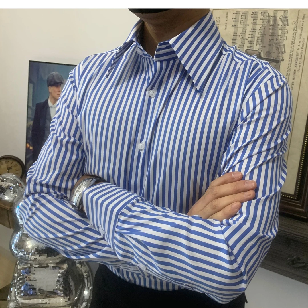 意式大尖领蓝色条纹男士修身长袖衬衫雅痞绅士休闲商务职业
