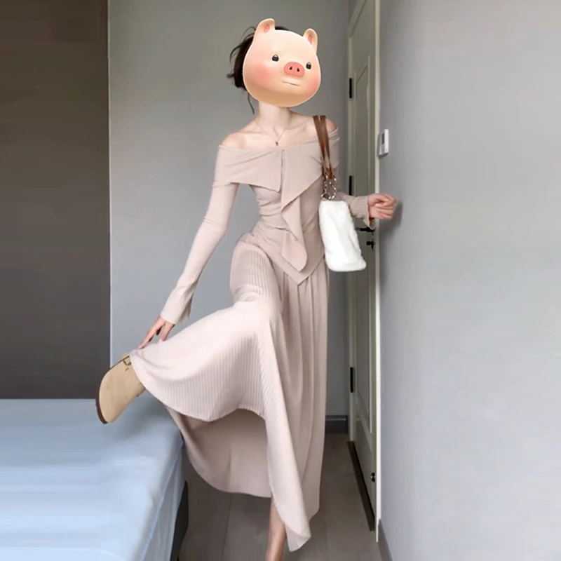 早春装2025新款一字肩针织连衣裙子女春轻熟穿整套装长裙5396