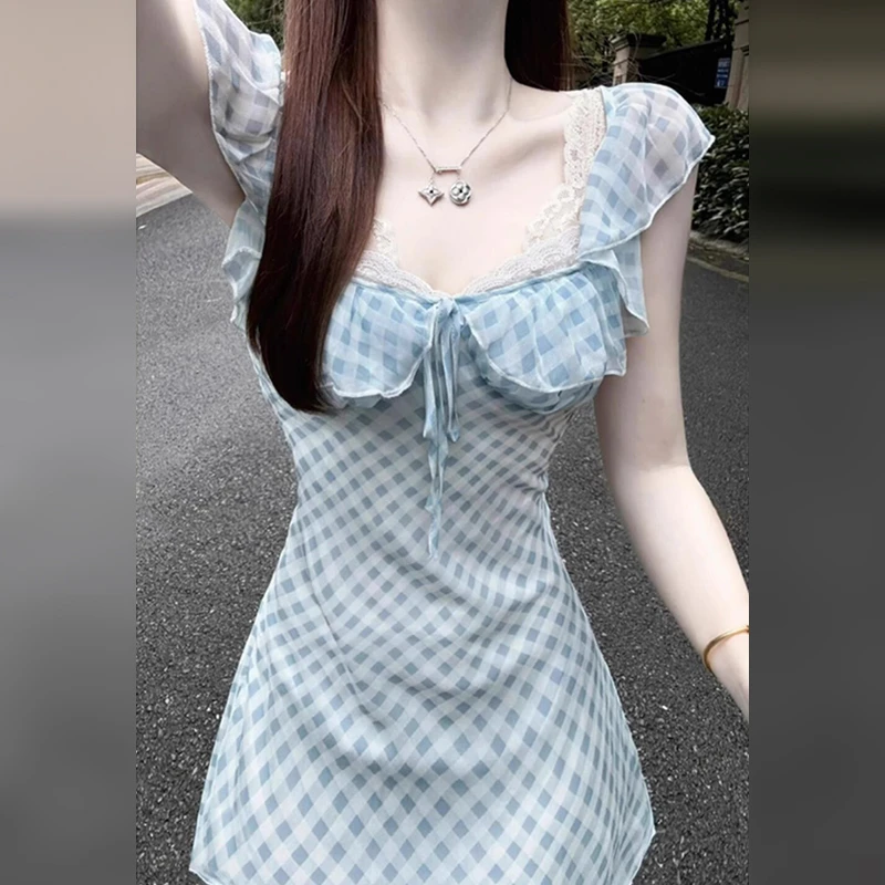 法式荷叶边蓝色拼接格纹连衣裙夏季新款设计感收腰短裙子2978