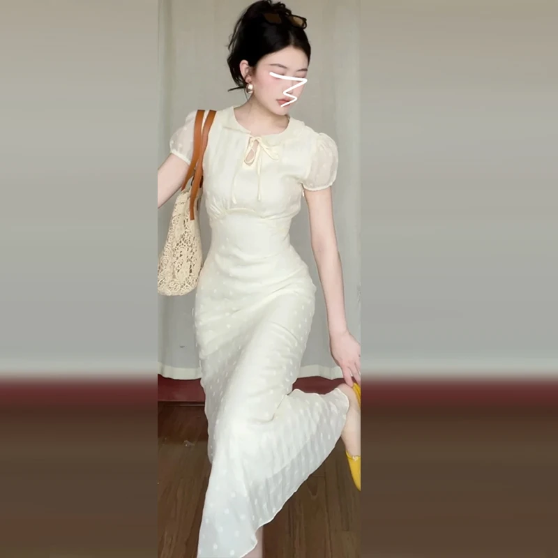 特价2024新款女装新中式国风显瘦气质白色夏季法式收腰连衣裙4341