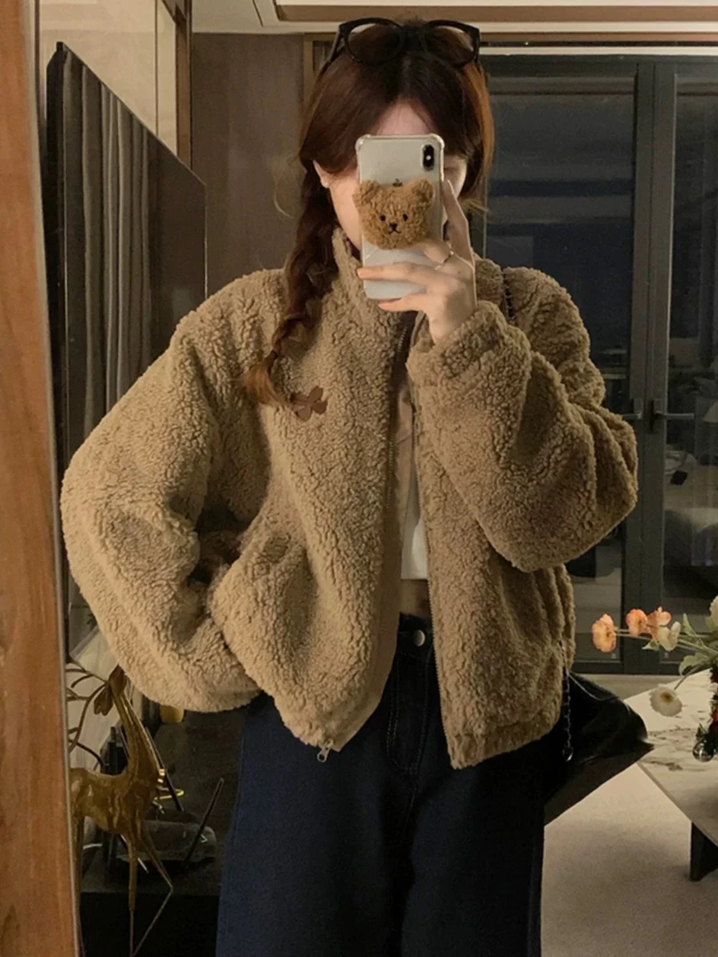 小个子慵懒风羊羔绒外套女秋冬季2024新款韩系慵懒风宽松上衣6537