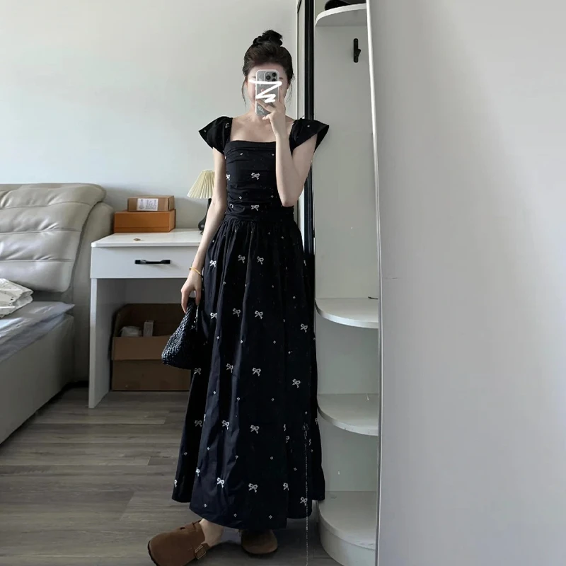 法式小飞袖蝴蝶结连衣裙子女2025新款夏季收腰显瘦长裙43301