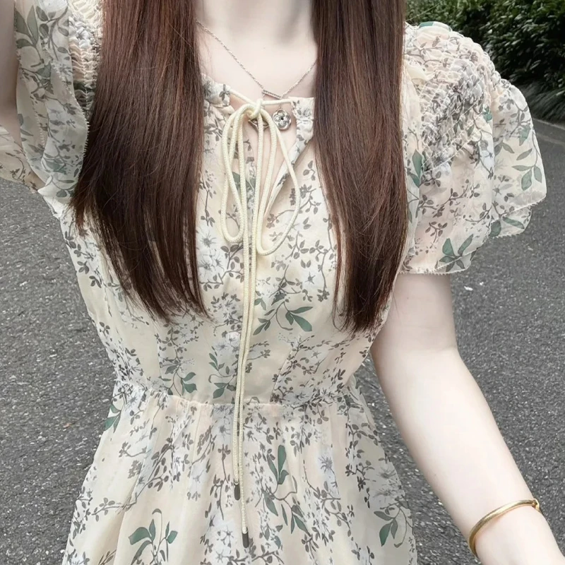 特价法式泡泡袖碎花连衣裙子女夏季2024小个子收腰显瘦长裙3800