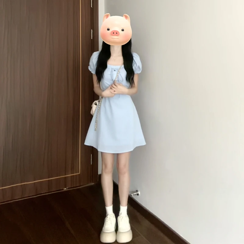 蓝色泡泡袖连衣裙子女装夏季2025年新款小个子气质短裙43295