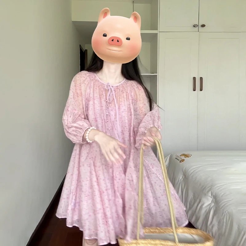 泡泡袖粉色碎花连衣裙子女装夏季2024新款海边度假短裙3928