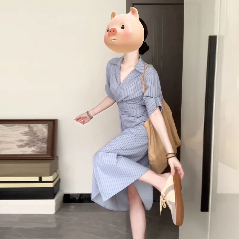 特价夏季2024新款蓝色条纹衬衫连衣裙子女翻领收腰设计感气质长裙