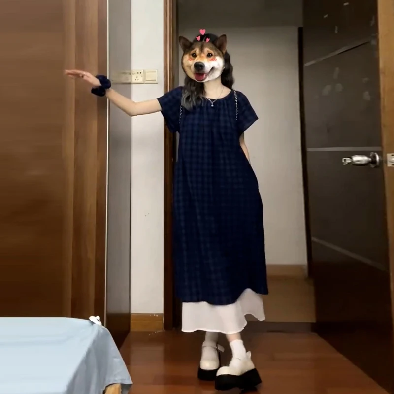 格子假两件拼接长裙显瘦休闲连衣裙子大码夏季新款女装2557