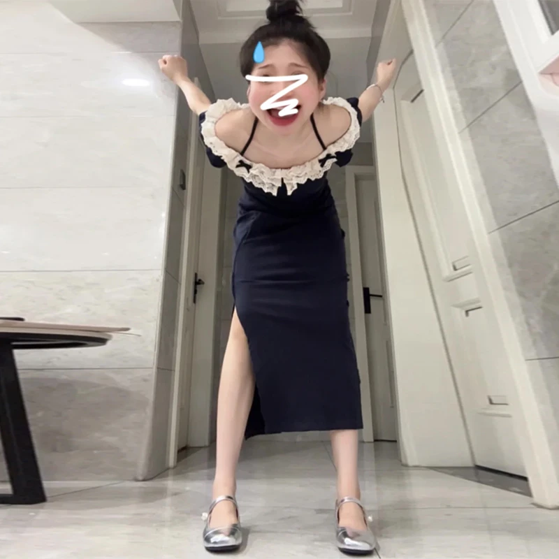 法式蕾丝小飞袖连衣裙子女夏季2025小个子收腰开叉长裙4520