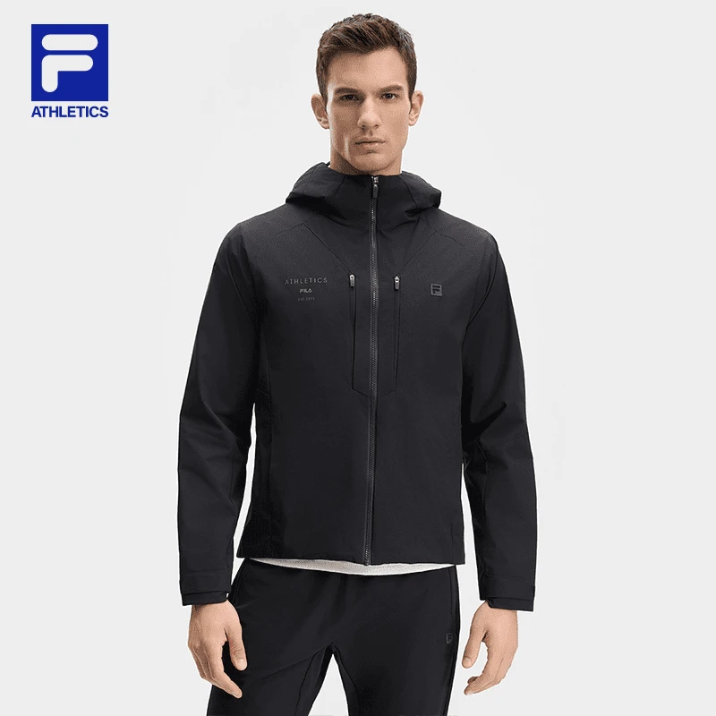 斐乐男士冲锋衣运动防风防泼水黑色户外运动连帽外套-A11M441708F