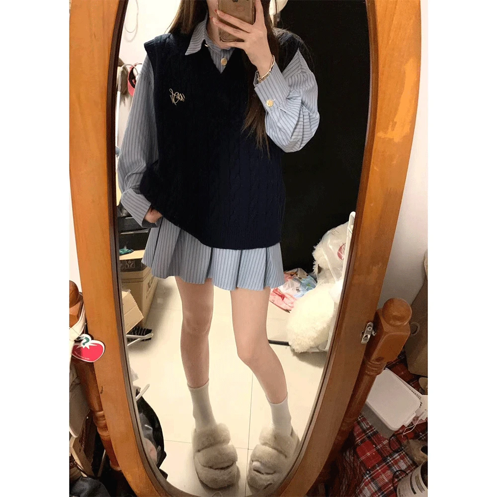 春秋季装搭配一整套女2024新款今年流行高级感韩系衬衫裙针织马甲