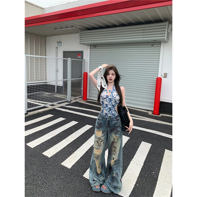 2024夏季新款辣妹露背连体吊带上衣女破洞复古美式宽松阔腿牛仔裤