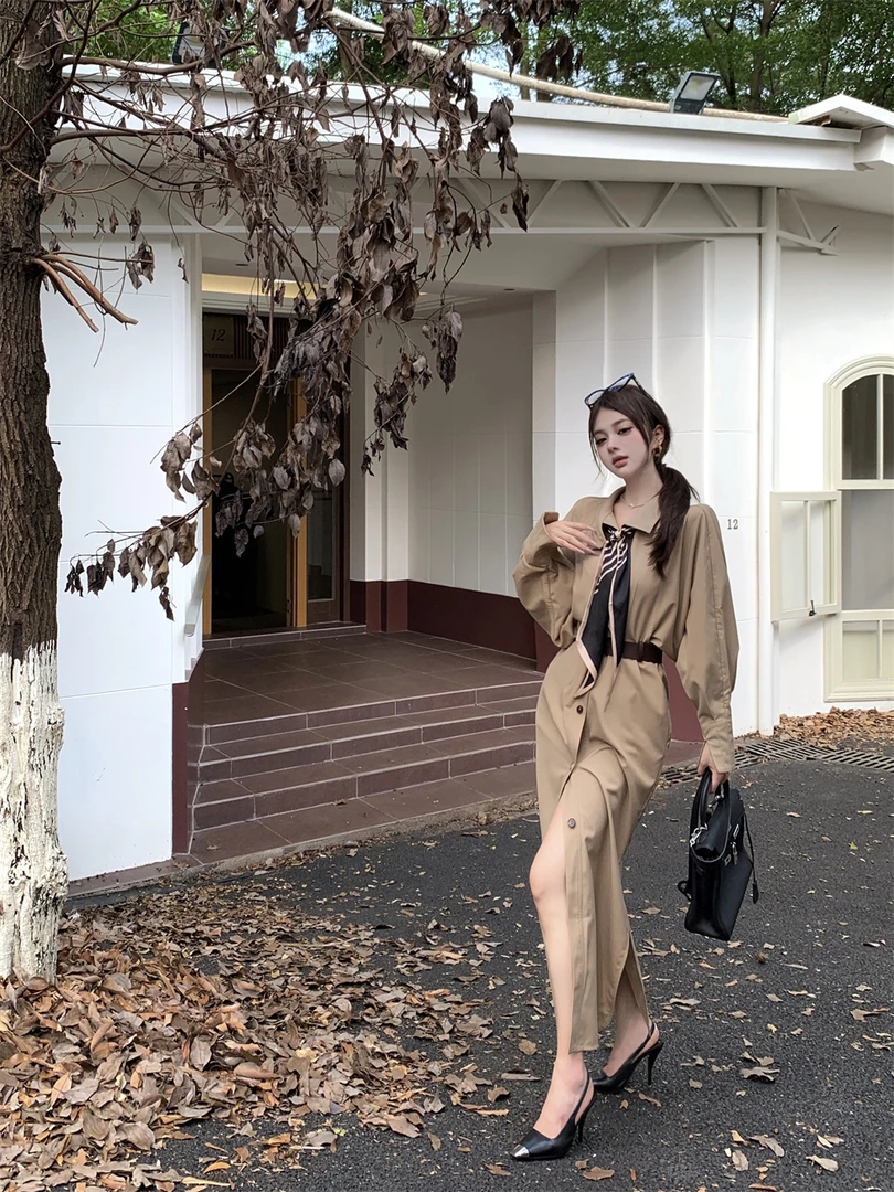 2024秋冬新款高级感立领风衣连衣裙女法式宽松长款设计感收腰外套