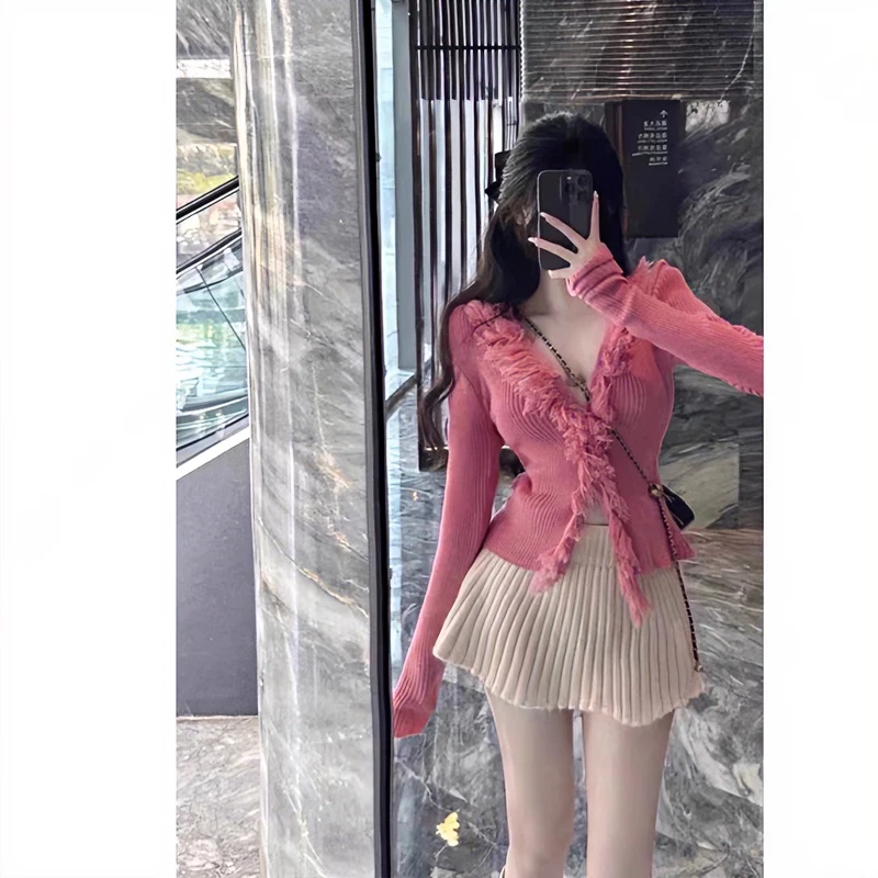 纯欲辣妹毛毛花边V领针织开衫上衣女百搭针织高腰A字半身百褶裙