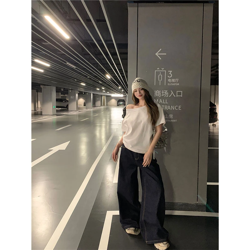 2024秋季新款一字肩宽松上衣女低腰阔腿原色牛仔裤美式复古直筒裤