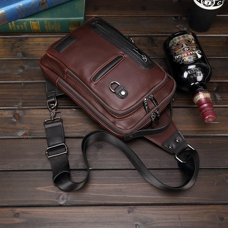 2024疯马PU复古斜挎包时尚潮流斜挎单肩包男士胸包大容量便携男包