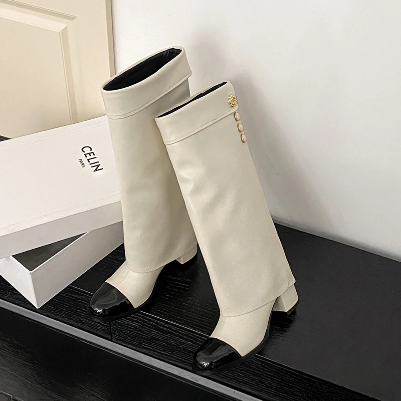 小香风2024秋冬新款拼色圆头粗跟高筒女靴欧美风一脚蹬显瘦裤管靴