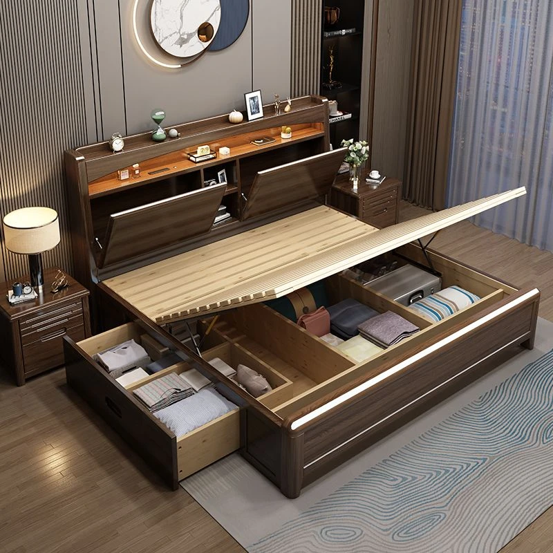全实木大床金丝檀木床头带柜床双人1.8米1.5米现代简约储物床清仓