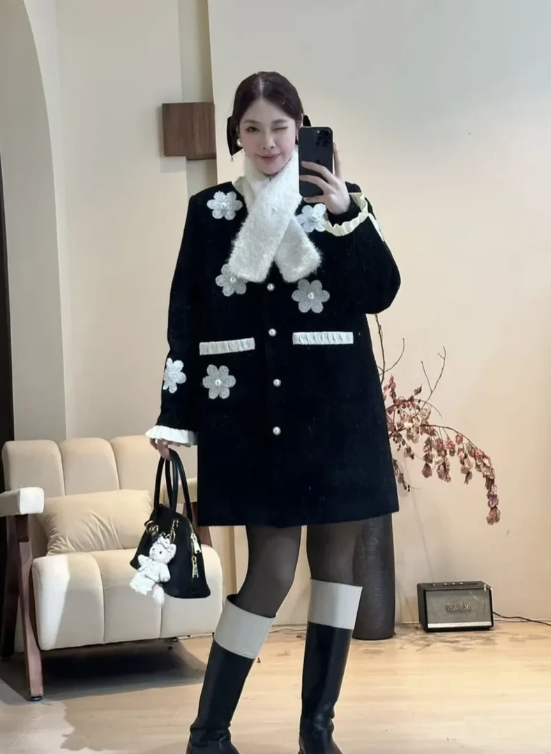 十一【黑色小花】连衣裙外套带围巾羽 绒 原创设计冬季气质显瘦